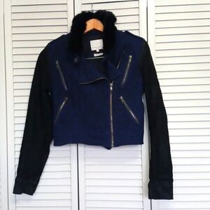 Opening Ceremony Cropped Wool Suede Moto Jacket, Fur Collar, Blue Black, Size M